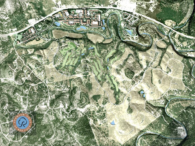 Overhead map view of Spanish Oaks Golf Club in Bee Cave, TX, by golf course architect, Bobby Weed
