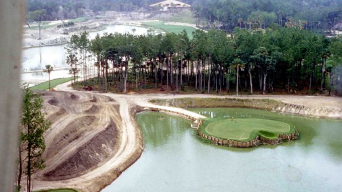 Hole 17 island green is constructed at TPC Sawgrass Stadium Course