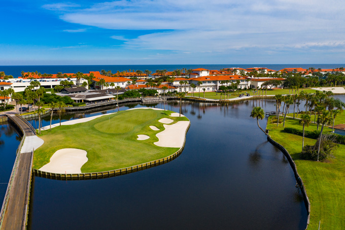 The iconic 9th hole island green, Ocean Course, Ponte Vedra Inn and Club