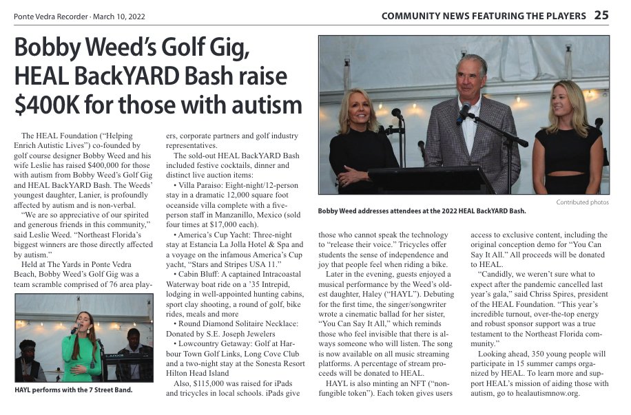 Bobby Weed’s 2022 Golf Gig & HEAL BackYARD Bash Raise $400,000 for Those with Autism